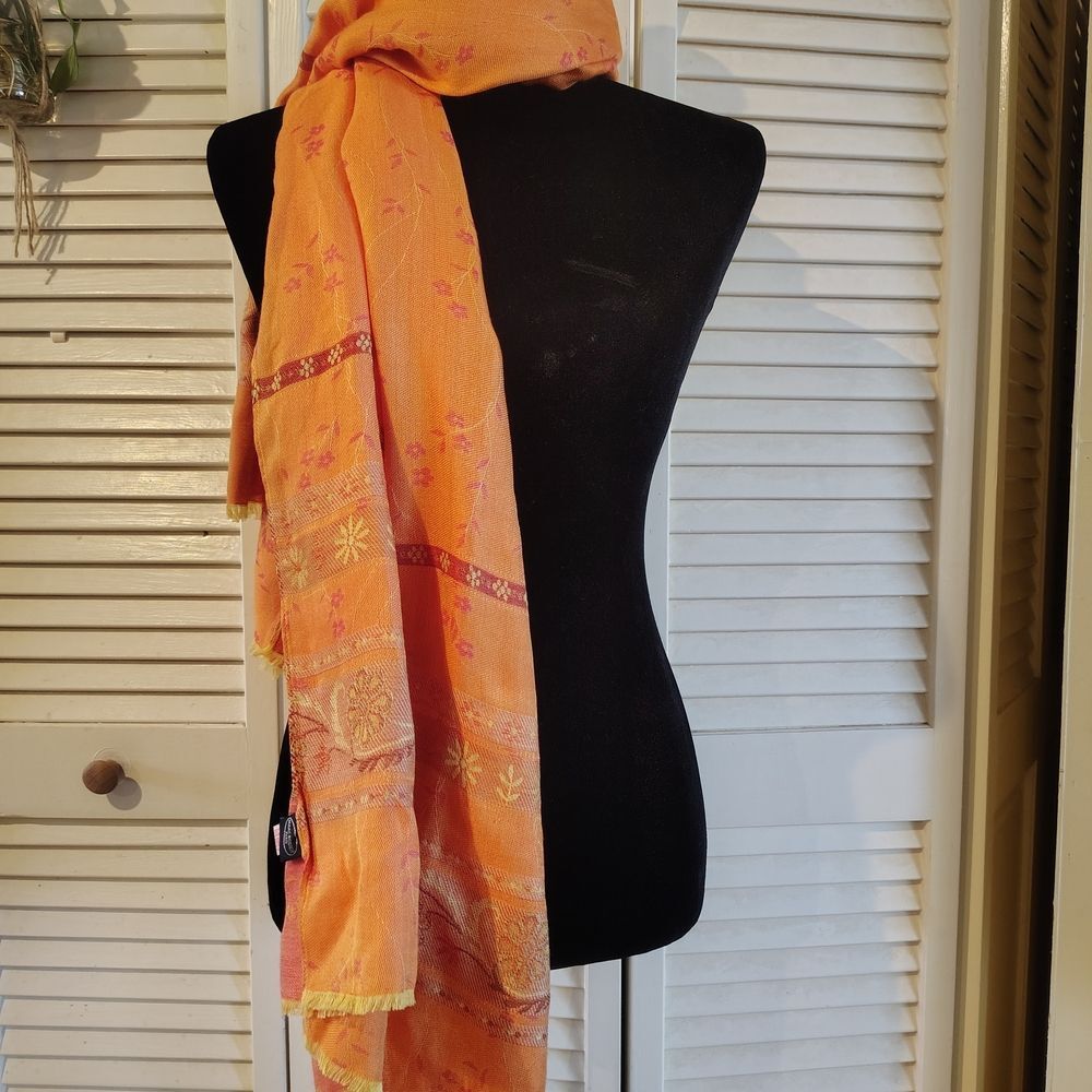 Marc Rozier Paris Silk Blend Scarf – Orange with Gold Floral Accents - Size - OS